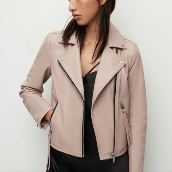 All Saints 8 Dalby Slim-Fit Leather‎ Biker Jacket Misty Pink Zipper Moto Boho - Picture 1 of 15